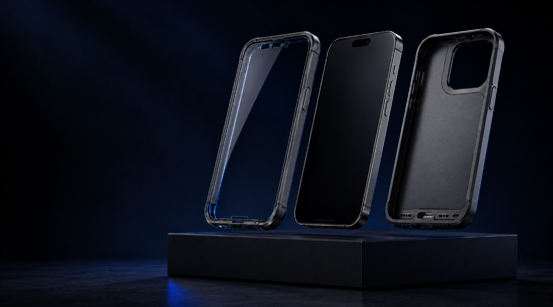 DustShield-cover med front, telefon og bagskal